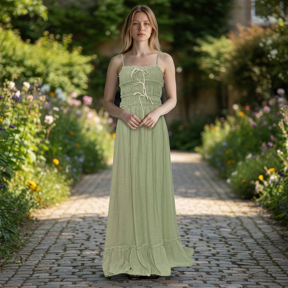 Thirty Thirty LA Sage Green Smocked Maxi Dress Adjustable Strap Small